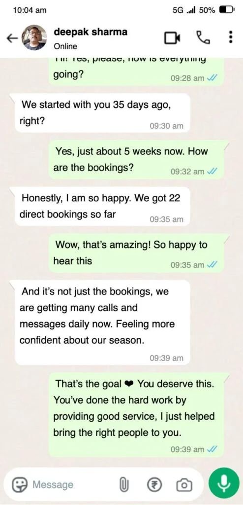 WhatsApp conversation with Deepak Sharma about direct bookings results