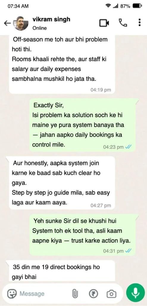 WhatsApp conversation with Vikram Singh about direct bookings results